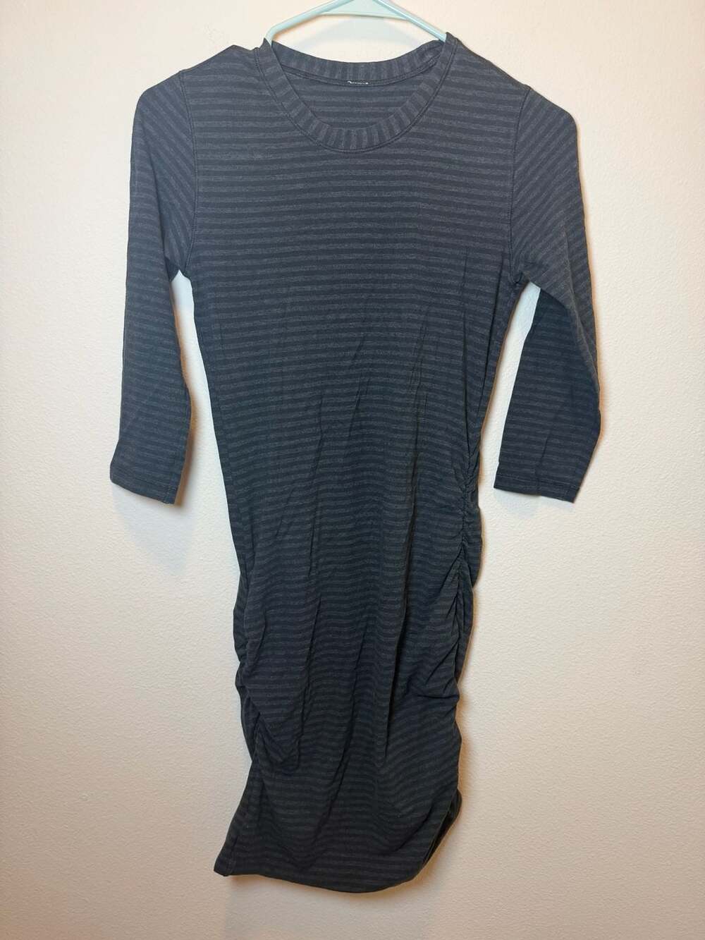Lululemon Anytime Ruched Black Gray Striped Dress Pima Cotton 3/4 Sleeve